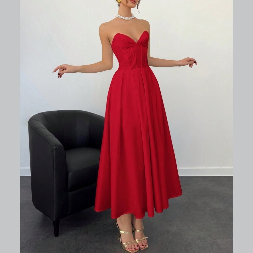 Red Strapless Corset Bodice Midi Dress
